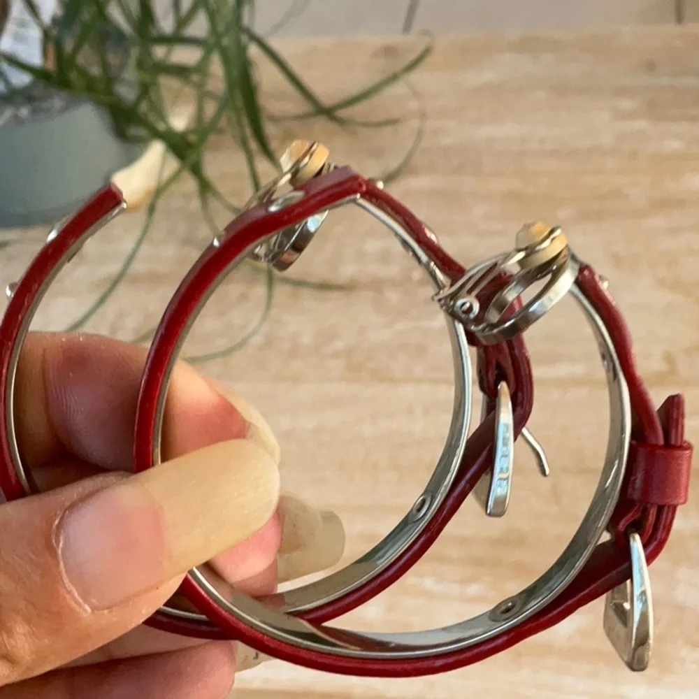 AUTH VTG Christian Dior Red Leather Logo Silver Belt Buckle Large Hoop Earrings - Picture 8 of 14